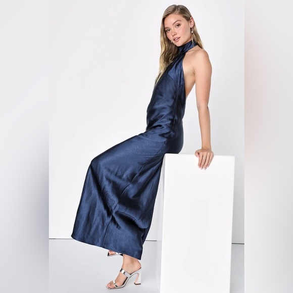 LULU’S Love In Your Life Navy Blue Satin Halter Maxi Dress - Picture 5 of 5